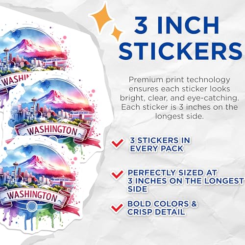 (3 Pack) Washington State Decals - Seattle Skyline - Mount Rainier Laptop Decal- 3 Inches On Longest Side - Easy Peel & Apply - Made in USA - 3MCS5976