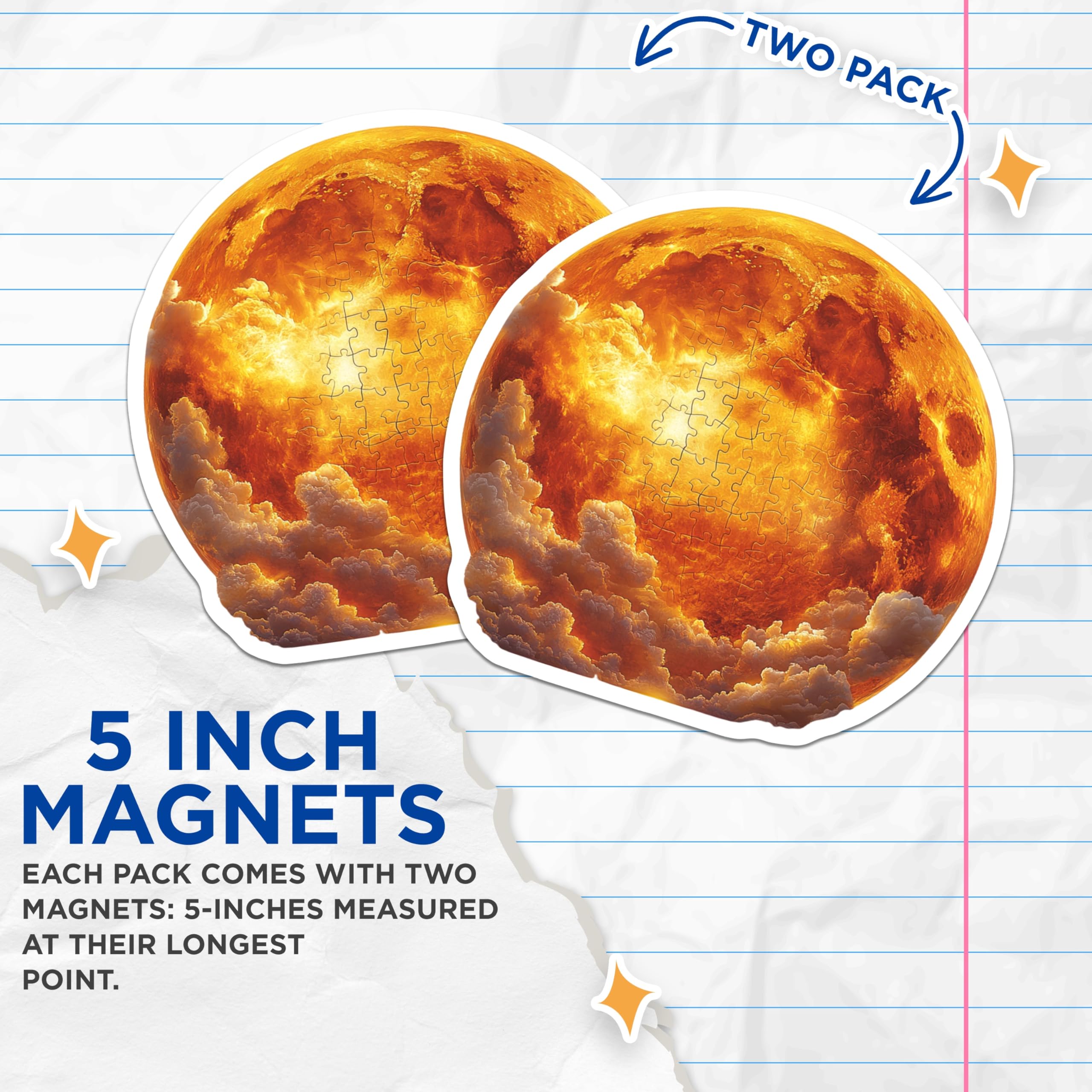 (2 Pack) Fiery Moon Puzzle Magnets - Celestial Volcanic Cloud Art - Vibrant Space Decor for Refrigerator - 5 Inches On Longest Side - Thick Durable Magnet - Made in USA - MAG24738