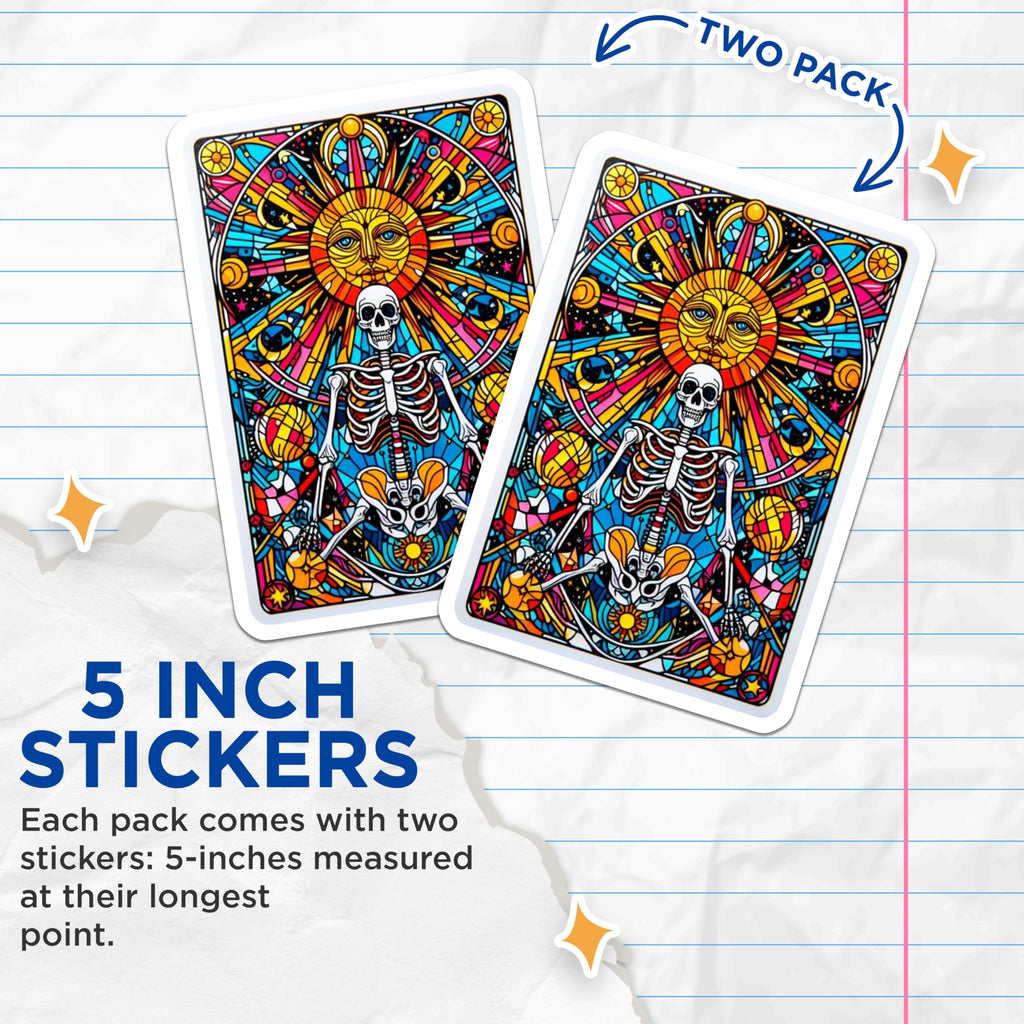 (2 Pack) Stained Glass Skeleton Stickers - Psychedelic Sun Face Skull - Vibrant Celestial Cosmic Art - 5" On Longest Side - Sticks to Smooth Flat Surfaces - Made in USA - BMCS20588
