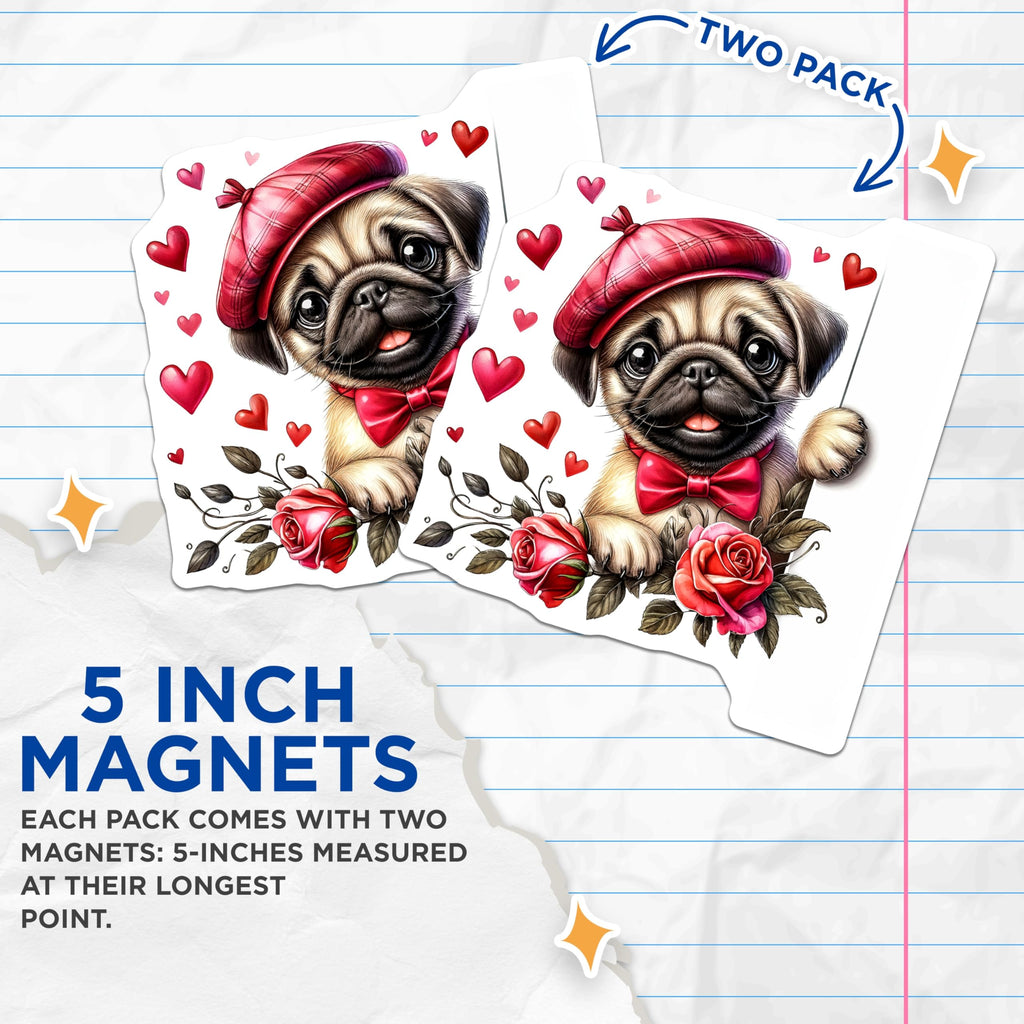 (2 Pack) Pug Dog Magnets - Valentines Decor - Puppy with Bowtie and Roses - 5" On Longest Side - Premium Magnet - for Cars, Refrigerators, Toolboxes, Lockers - Made in USA - MAG15312