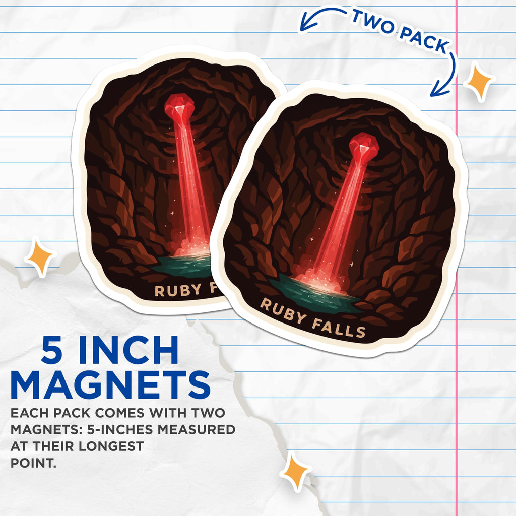(2 Pack) Ruby Falls Magnets - Mystical Cave Art - Chattanooga TN Souvenir - Luminous Red Waterfall Gemstone Design - 5 Inches On Longest Side - Thick Durable Magnet - Made in USA - MAG19519
