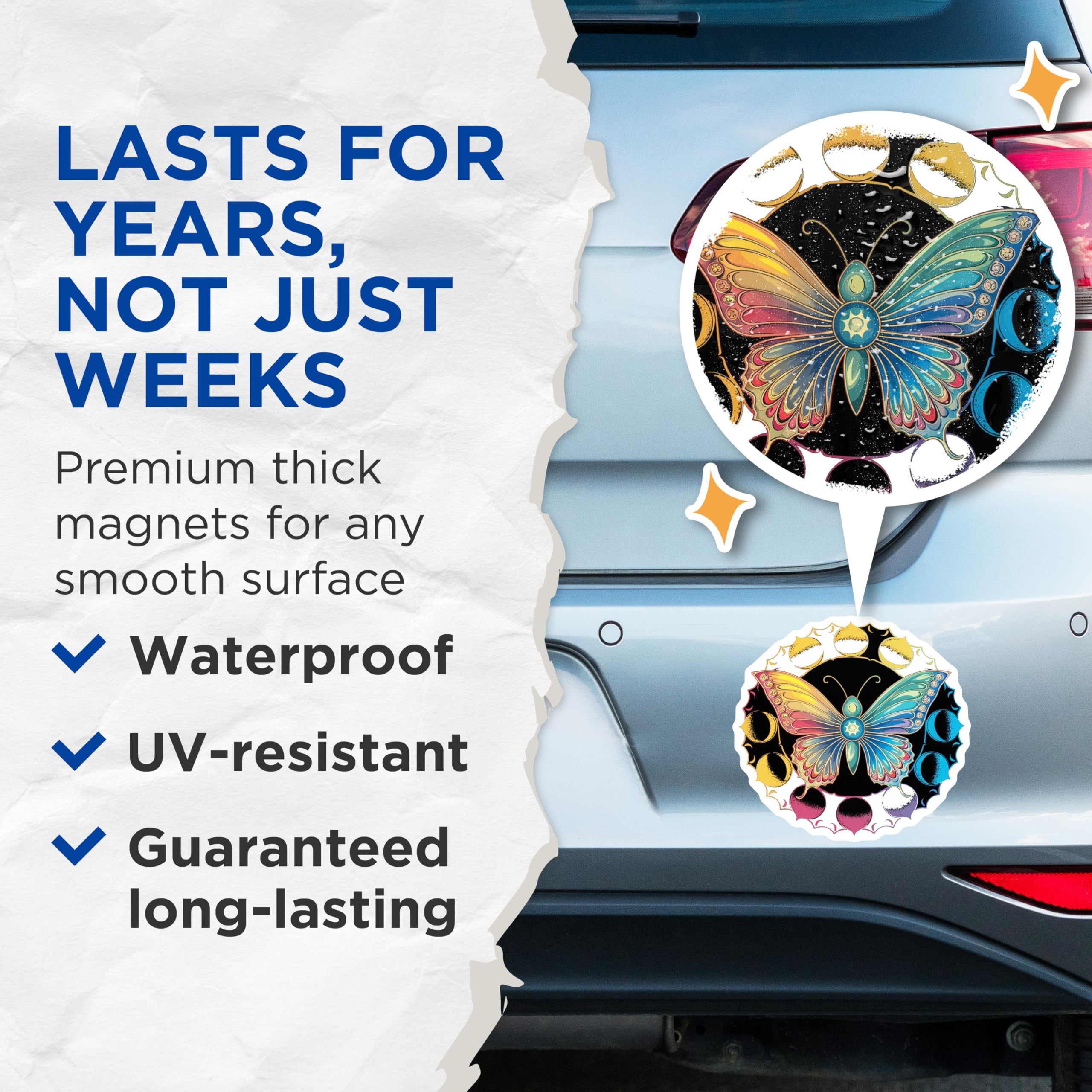 (2 Pack) Butterfly Moon Phase Magnets - Celestial Art - Boho Kitchen Decor - 5" On Longest Side - Premium Magnet - for Cars, Refrigerators, Toolboxes, Lockers - Made in USA - MAG15939