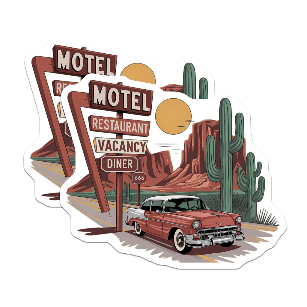 (2 Pack) Vintage Car Magnets - Desert Road Trip Scene - Retro Motel Diner Sign - Saguaro Cactus Art - 5 Inches On Longest Side - Thick Durable Magnet - Made in USA - MAG21644