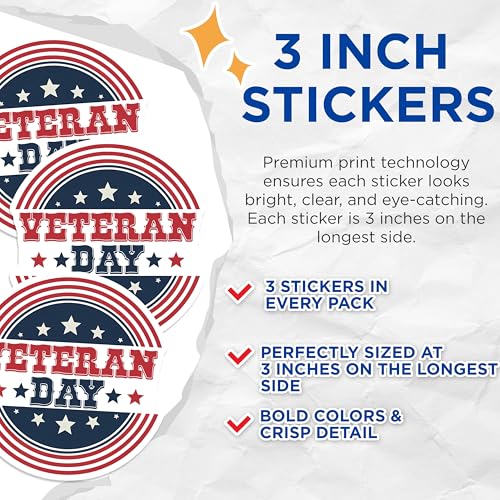 (3 Pack) Veterans Day Decals - Patriotic Decals - USA American Flag Decals - 3 Inches On Longest Side - Easy Peel & Apply - Made in USA - 3MCS7126