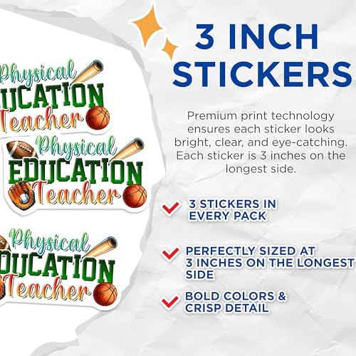 (3 Pack) Physical Education Teacher Decals - Sports Decal - Laptop Decals - 3 Inches On Longest Side - Easy Peel & Apply - Made in USA - 3MCS6802