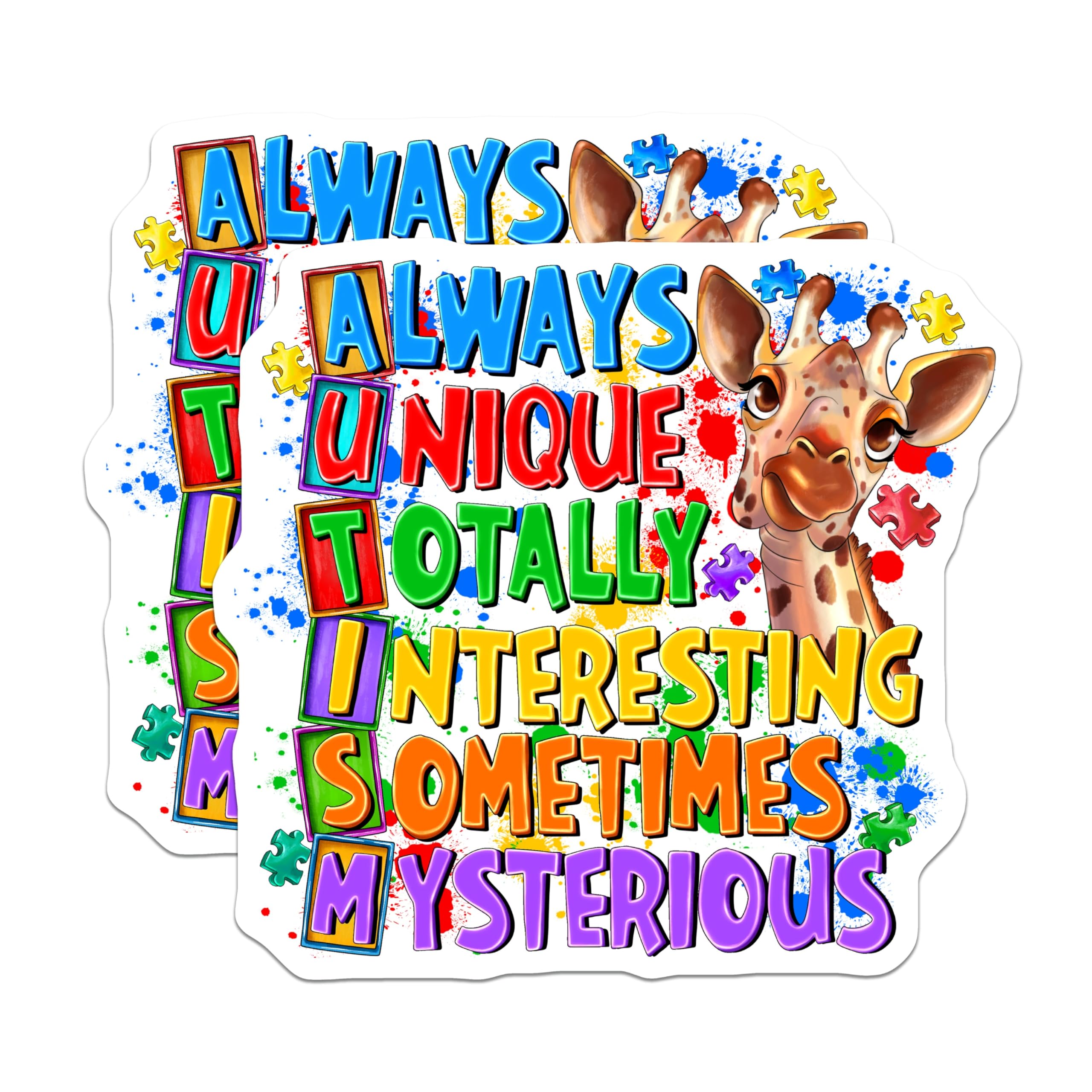 (2 Pack) Autism Awareness Magnets - Always Unique Giraffe Puzzle Pieces - Neurodiversity Support - Acceptance Decor - 5 Inches On Longest Side - Thick Durable Magnet - Made in USA - MAG29461