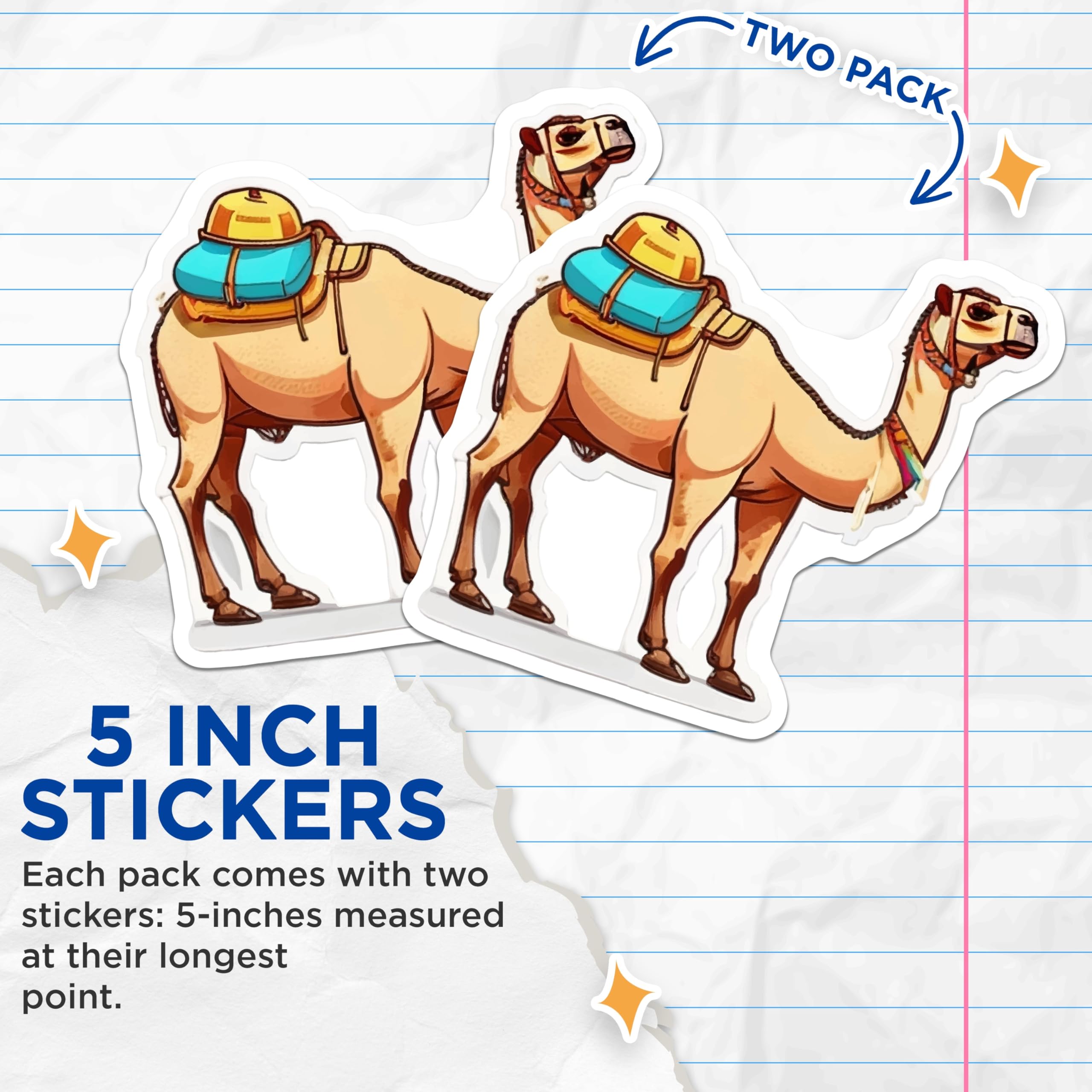 (2 Pack) Camel Stickers - Desert Animal Decal - Travel Adventure Art - 5" On Longest Side - Sticks to Smooth Flat Surfaces - Made in USA - BMCS21681