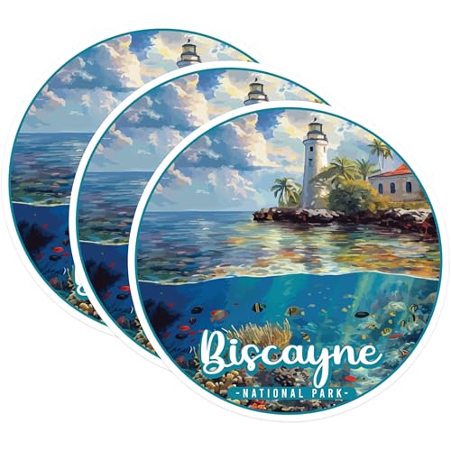 (3 Pack) Biscayne Decals - National Park - Laptop Decal - Coastal Sticker - Tropical Decal - 3 Inches On Longest Side - Easy Peel & Apply - Made in USA - 3MCS0459