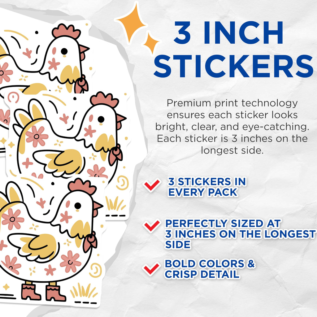(3 Pack) Chicken Decals - Farmhouse Style - Laptop Decals - 3 Inches On Longest Side - Easy Peel & Apply - Made in USA - 3MCS4516