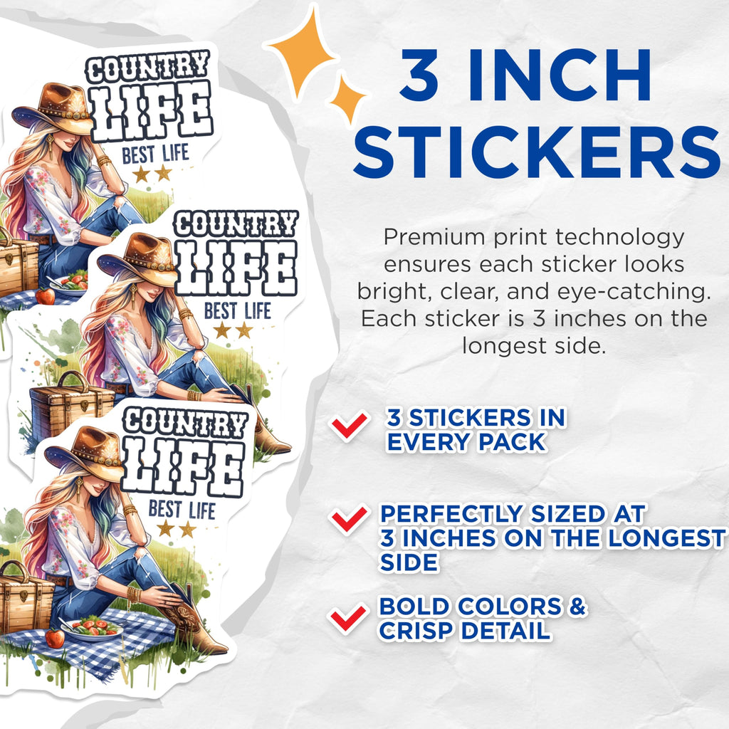 (3 Pack) Country Life Decals - Cowgirl Best Life - Picnic Laptop Decal- 3 Inches On Longest Side - Easy Peel & Apply - Made in USA - 3MCS5386