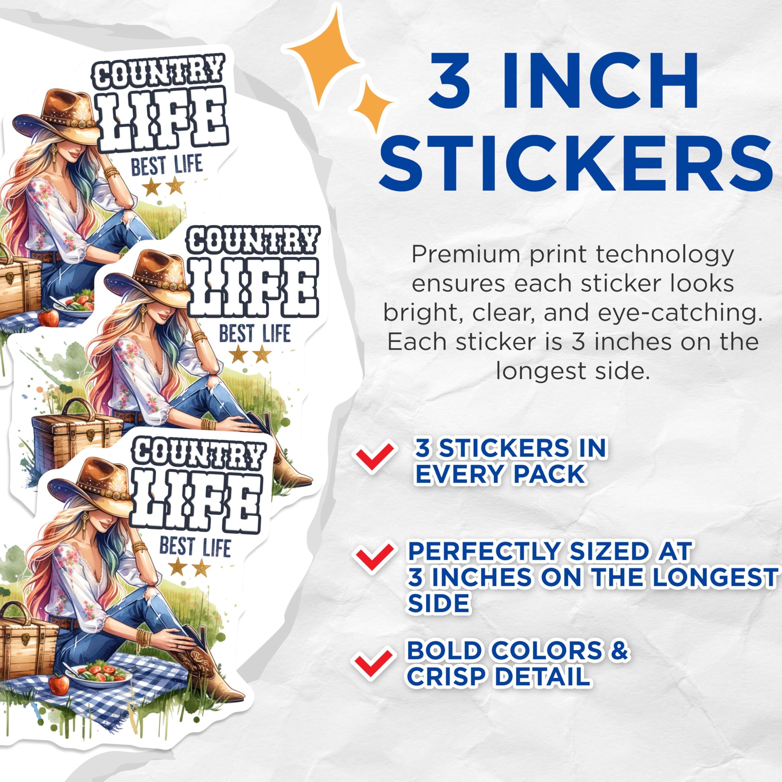 (3 Pack) Country Life Decals - Cowgirl Best Life - Picnic Laptop Decal- 3 Inches On Longest Side - Easy Peel & Apply - Made in USA - 3MCS5386