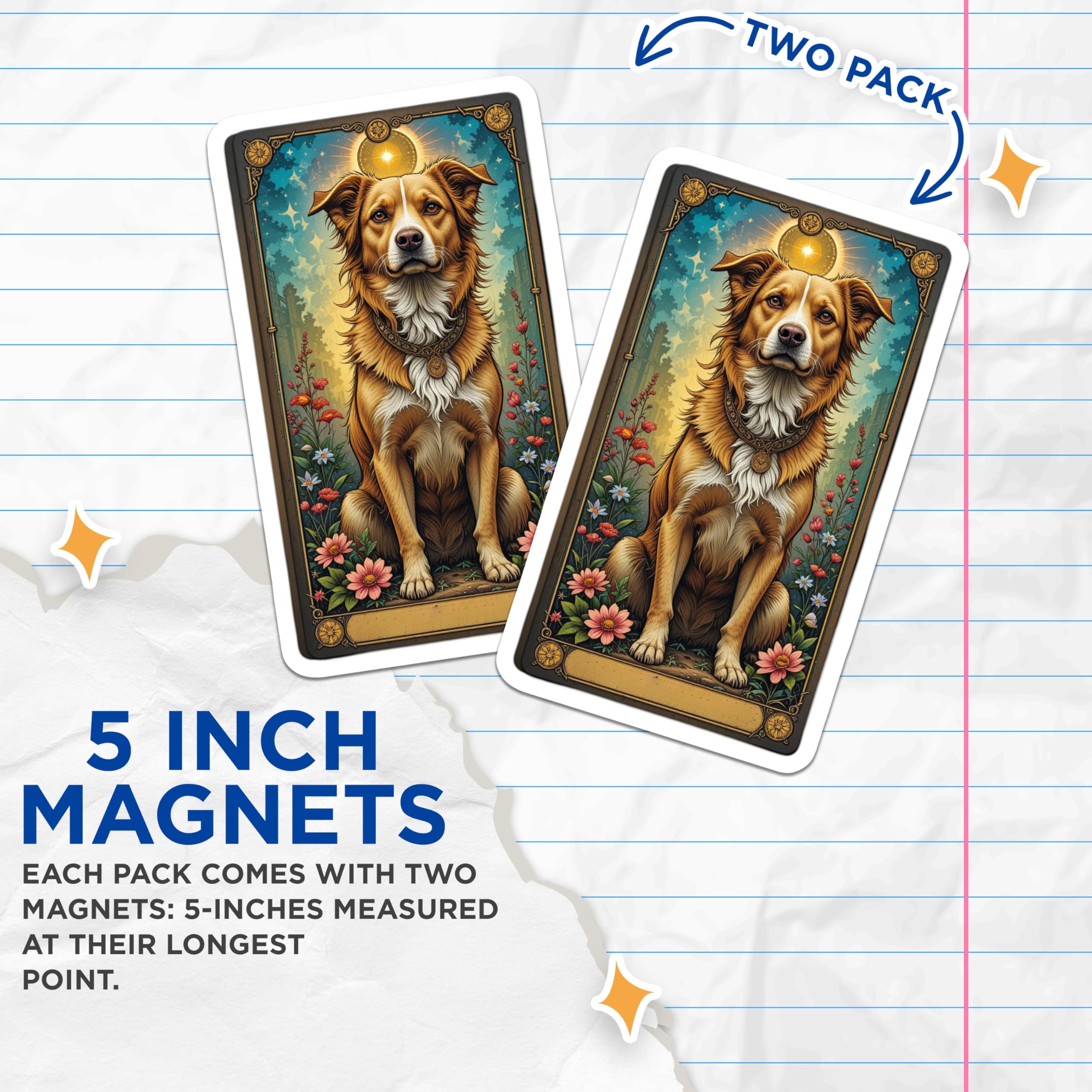 (2 Pack) Golden Retriever Tarot Magnets - Celestial Dog Art - Mystical Animal Fridge Decor - 5 Inches On Longest Side - Thick Durable Magnet - Made in USA - MAG22299