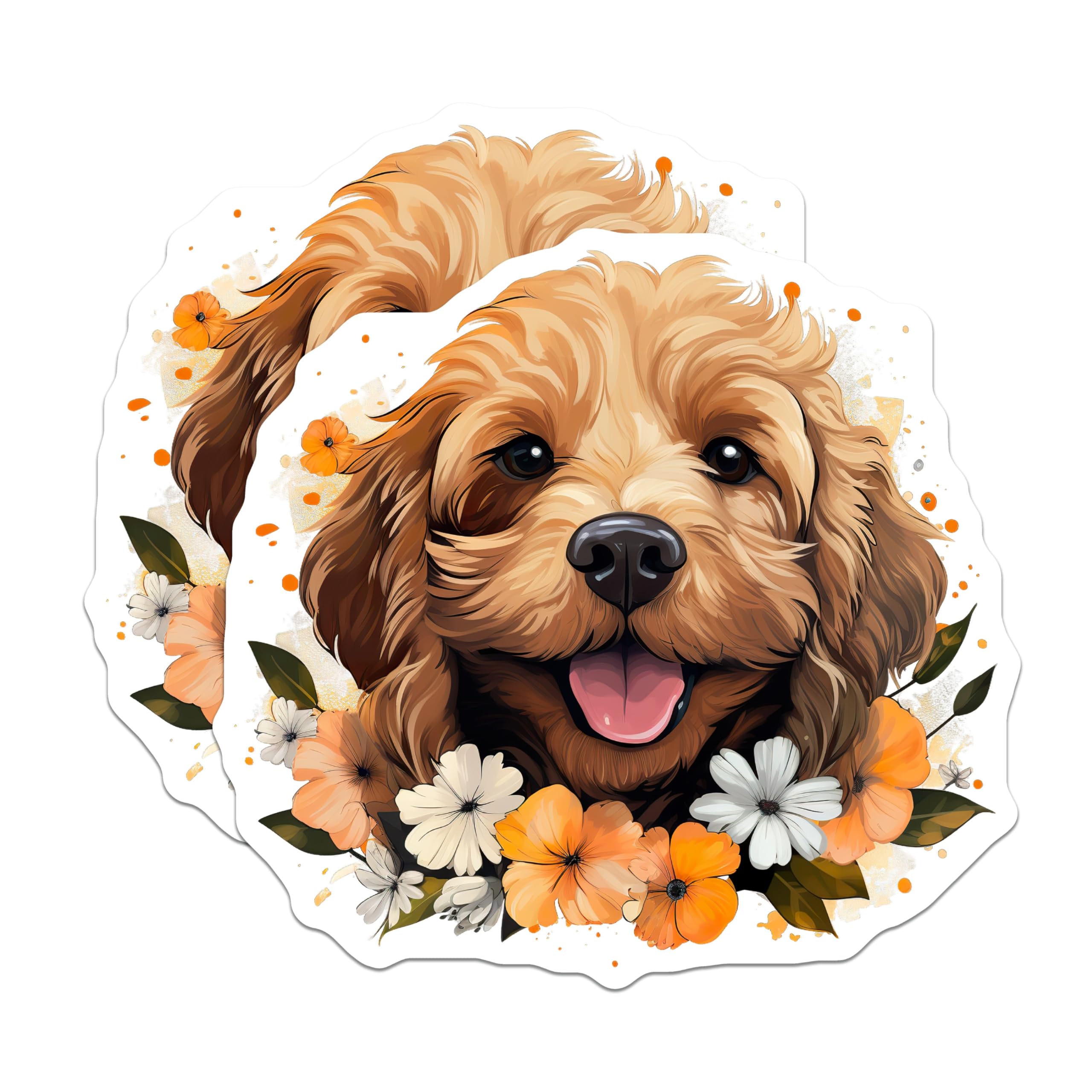 (2 Pack) Goldendoodle Puppy Magnets - Smiling Dog Floral Portrait Art - Pet Lover Fridge Locker Home Decor - 5 Inches On Longest Side - Thick Durable Magnet - Made in USA - MAG24575