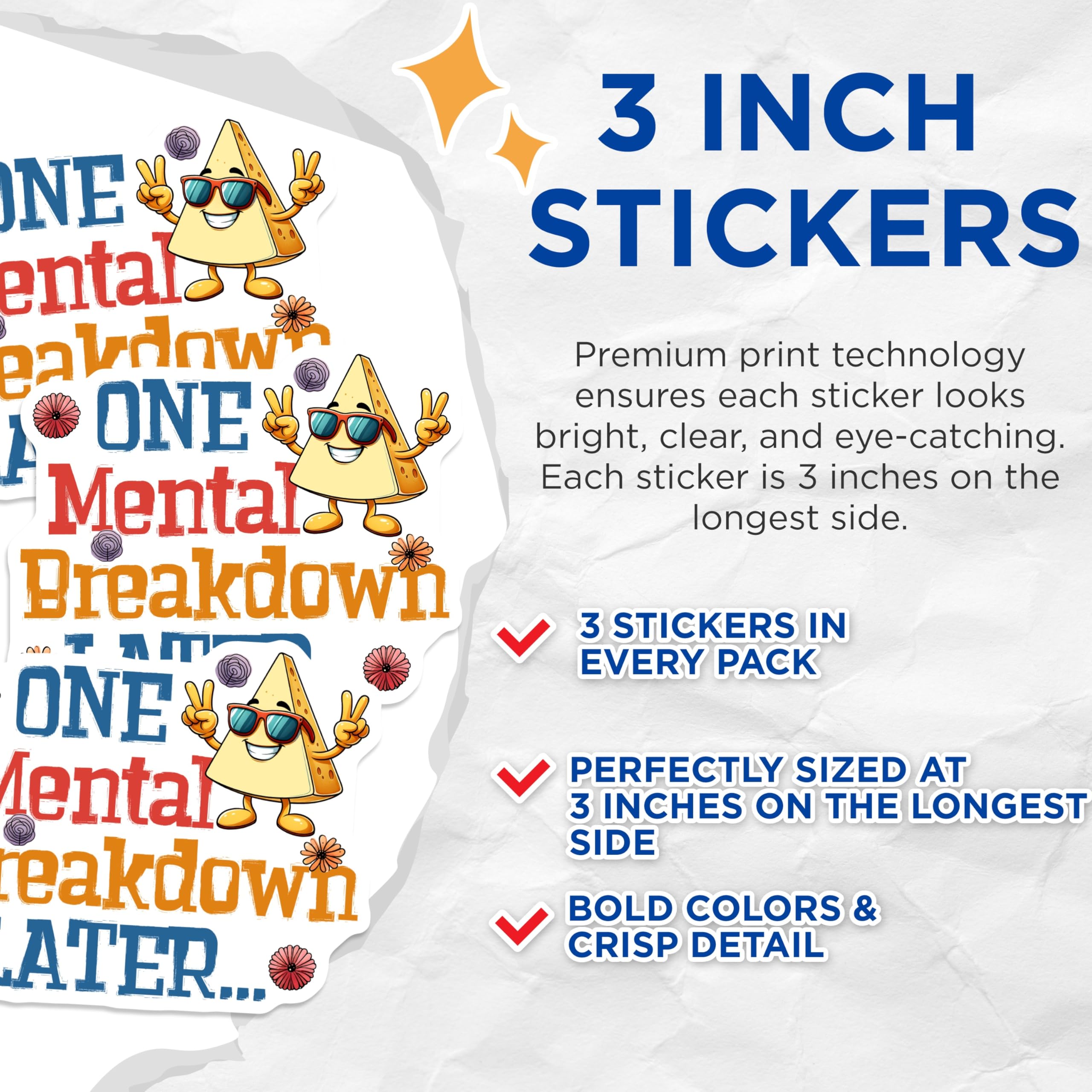 (3 Pack) One Mental Breakdown Later Decals - Funny Cheese Cartoon - Laptop Decal Stickers - 3 Inches On Longest Side - Easy Peel & Apply - Made in USA - 3MCS2027