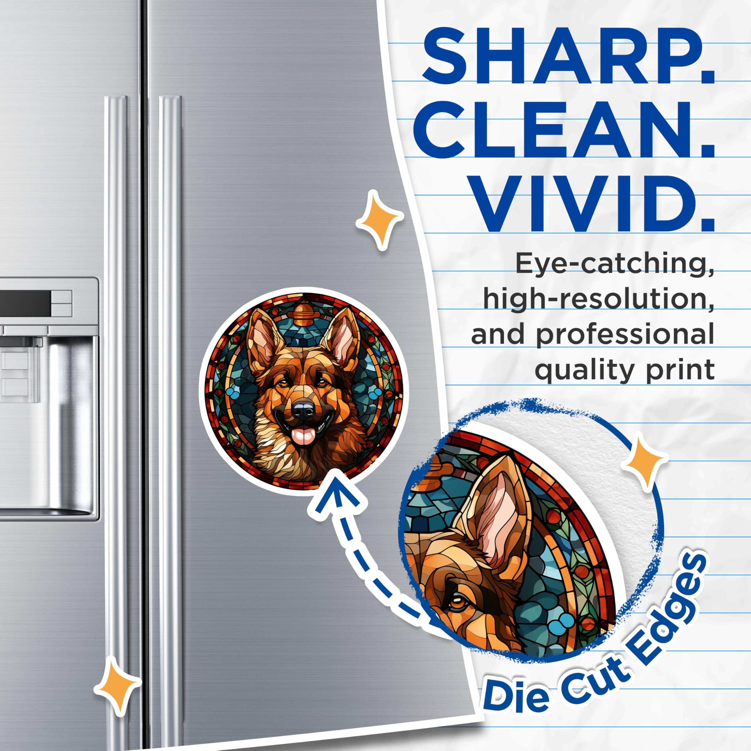 (2 Pack) German Shepherd Magnets - Stained Glass Dog Art - GSD Pet Lover Kitchen Fridge Locker Decor - 5 Inches On Longest Side - Thick Durable Magnet - Made in USA - MAG25767