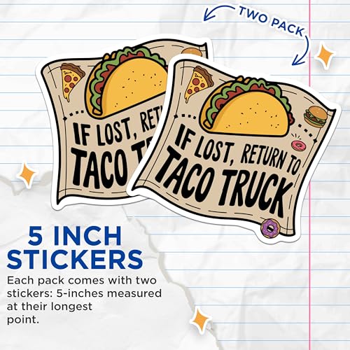 (2 Pack) If Lost Return to Taco Truck Stickers - Funny Food Lover - Taco Truck Humor - 5" On Longest Side - Sticks to Smooth Flat Surfaces - Made in USA - BMCS5736