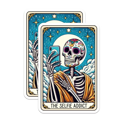 (2 Pack) Skeleton Selfie Addict Stickers - Funny Skeleton Decor - Day of The Dead Stickers - Sugar Skull Art Stickers - 5" On Longest Side - Sticks to Smooth Flat Surfaces - Made in USA - BMCS4690