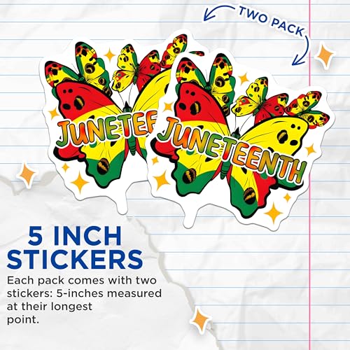 (2 Pack) Juneteenth Pride Stickers - Butterfly Art - Black Heritage - African American - 5" On Longest Side - Sticks to Smooth Flat Surfaces - Made in USA - BMCS7367