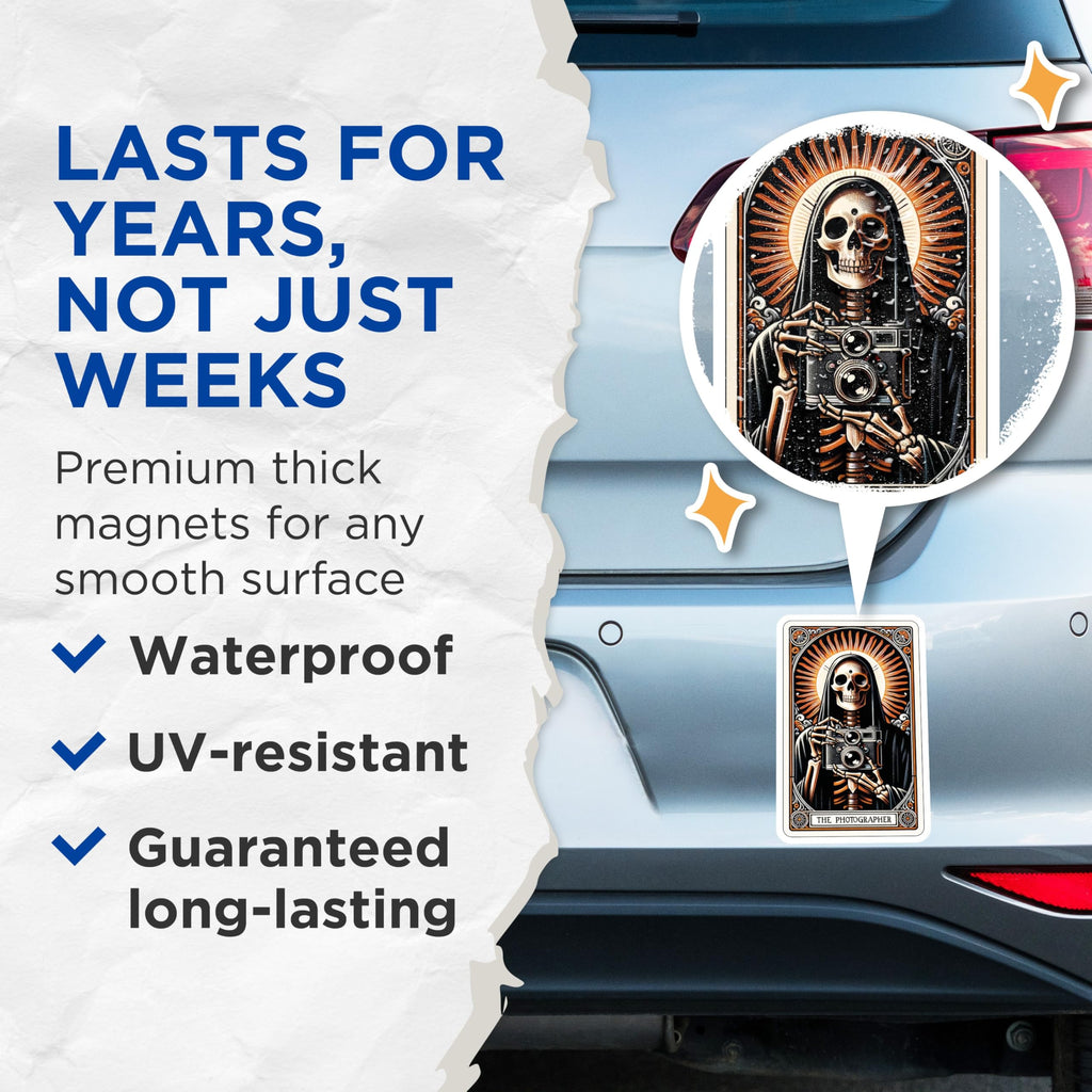 (2 Pack) Grim Reaper Photographer Magnets - Skeleton Camera Art - Gothic Photography Decor - 5 Inches On Longest Side - Thick Durable Magnet - Made in USA - MAG22364