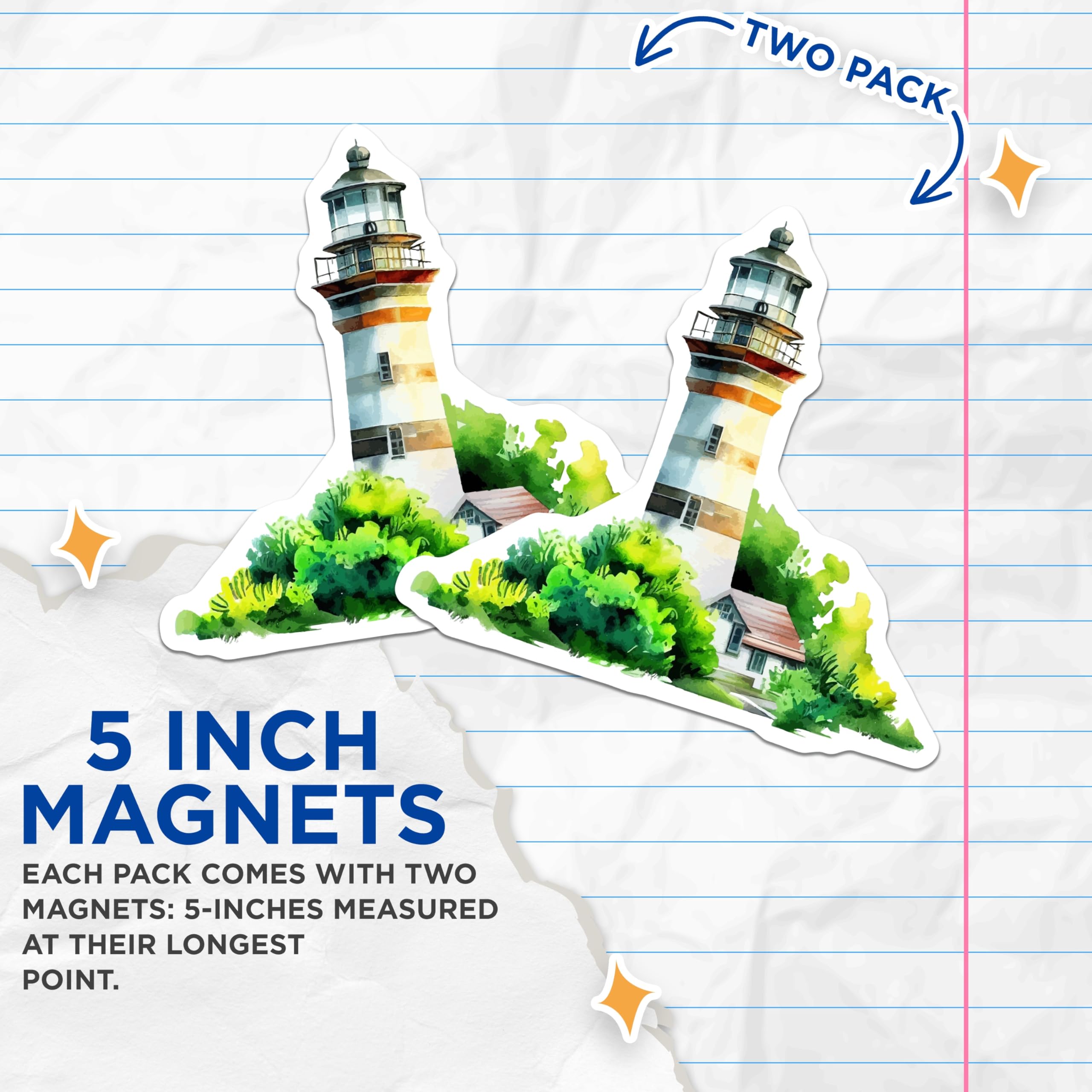 (2 Pack) Lighthouse Magnets - Coastal Decor - Watercolor Art - Scenic Ocean View - 5 Inches On Longest Side - Thick Durable Magnet - Made in USA - MAG20023