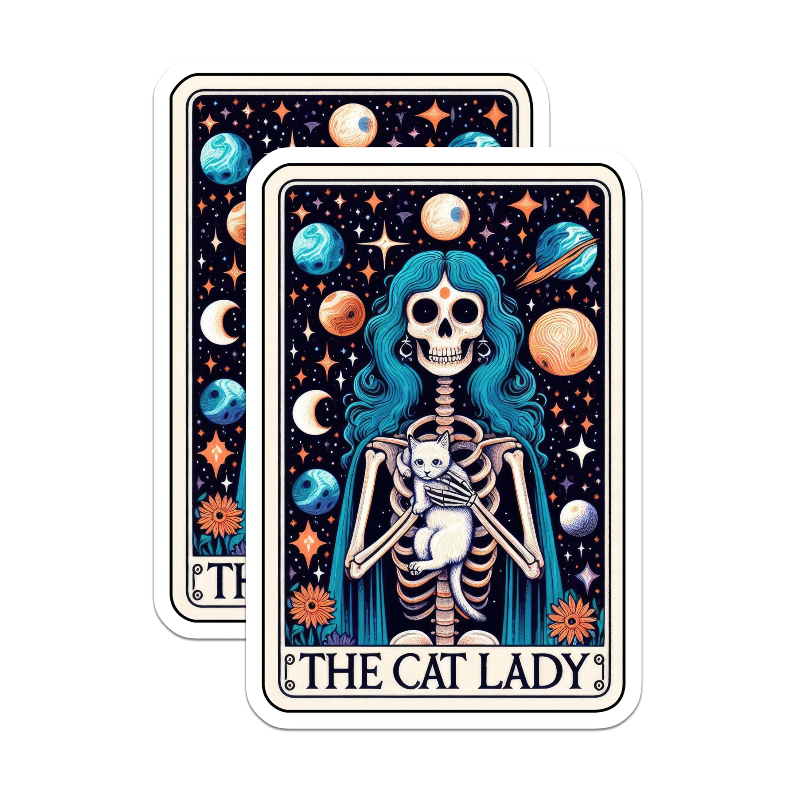 Bliss Monkey Co. (2 Pack) Cat Lady Stickers - Space Cat Skeleton - Multicolor Vinyl Rectangular Stickers - 5" - Indoor/Outdoor - Metal, Plastic, Glass, Fabric
