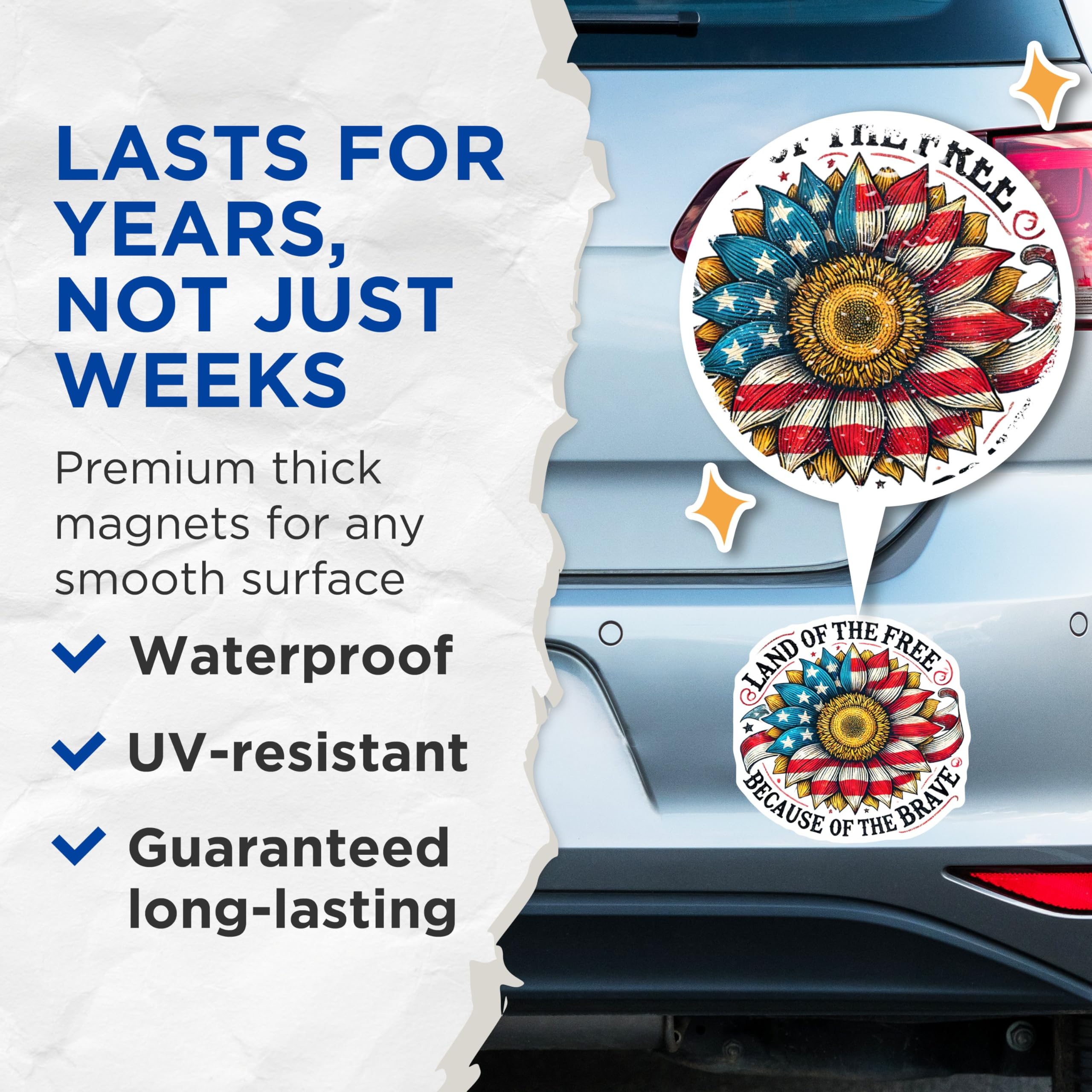 (2 Pack) Patriotic Sunflower Magnets - Land of The Free - Because of The Brave - 5" On Longest Side - for Cars, Fridges, Toolboxes - Made in USA - MA