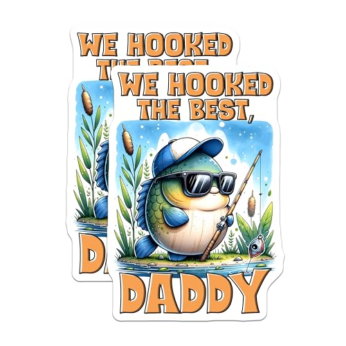 (2 Pack) We Hooked The Best Daddy Stickers - Funny Fishing - Cute Fishing Gift for Dad - 5" On Longest Side - Sticks to Smooth Flat Surfaces - Made in USA - BMCS7462