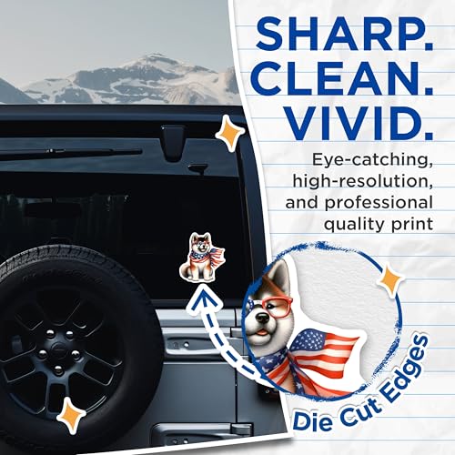 (2 Pack) Patriotic Dog Stickers - Cute American Flag Dog - Shiba Inu with Glasses Sticker - 5" On Longest Side - Sticks to Smooth Flat Surfaces - Made in USA - BMCS7154