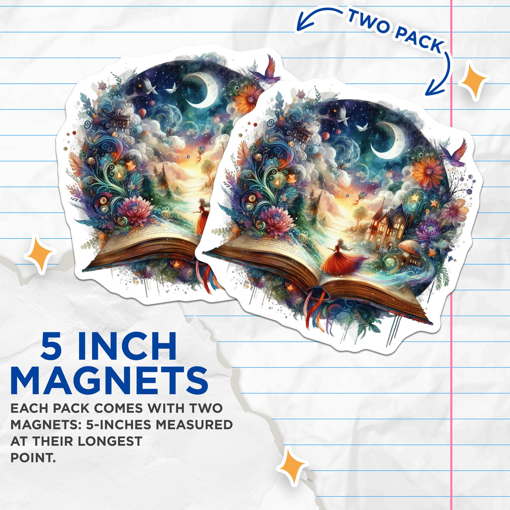 (2 Pack) Fantasy Book Lover Magnets - Whimsical Storybook Art - Magical Reading Nook Decor - 5 Inches On Longest Side - Thick Durable Magnet - Made in USA - MAG39283