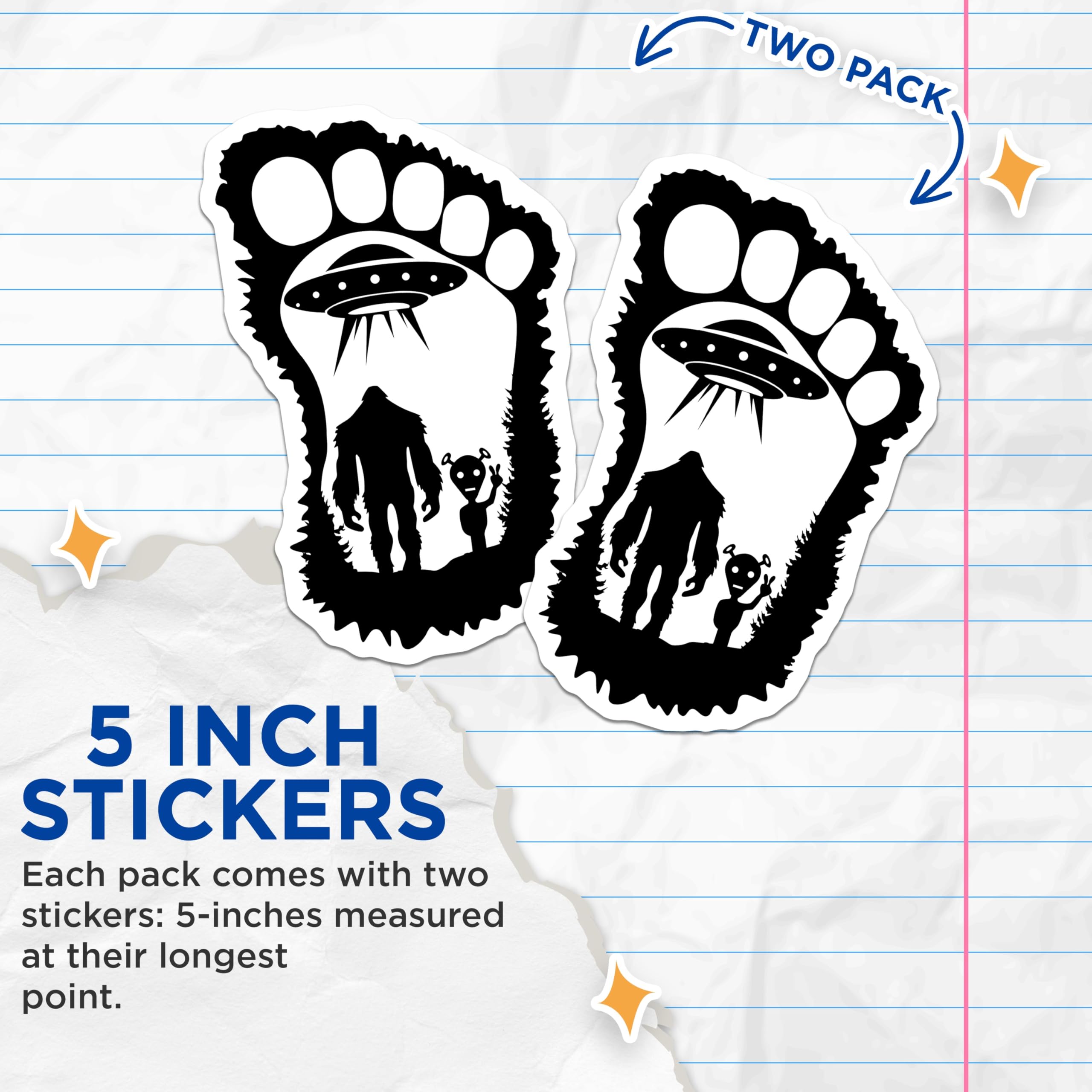 (2 Pack) Bigfoot Alien Stickers - Sasquatch UFO Encounter - Paranormal Forest Decal - 5" On Longest Side - Sticks to Smooth Flat Surfaces - Made in USA - BMCS20756