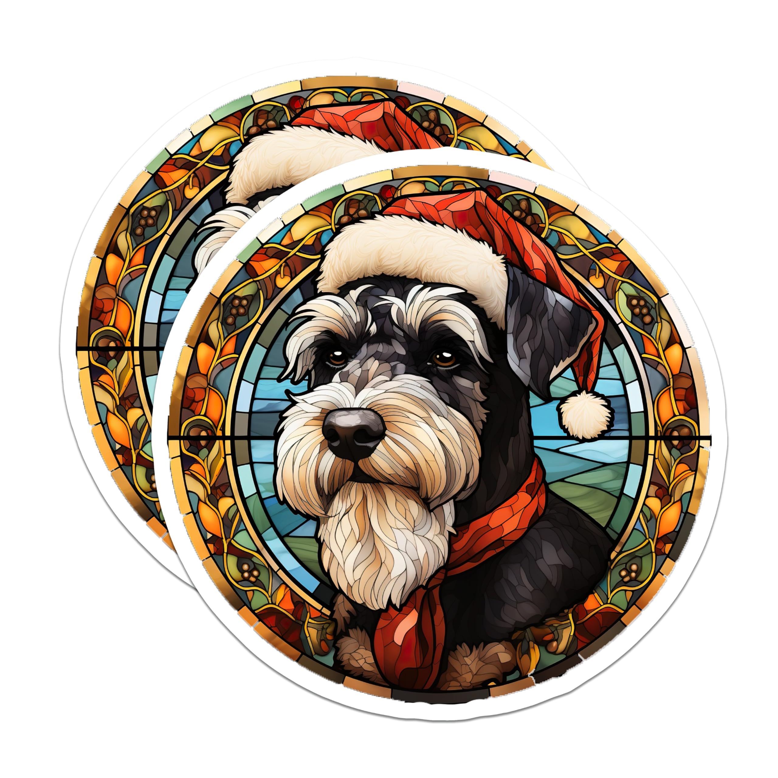 (2 Pack) Schnauzer Christmas Magnets - Stained Glass Dog Art - Holiday Pet Decor - 5 Inches On Longest Side - Thick Durable Magnet - Made in USA - MAG27510