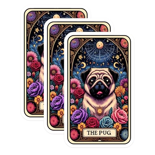 (3 Pack) Pug Decals - Cute Dog Stickers - Floral Laptop Decal - 3 Inches On Longest Side - Easy Peel & Apply - Made in USA - 3MCS4044
