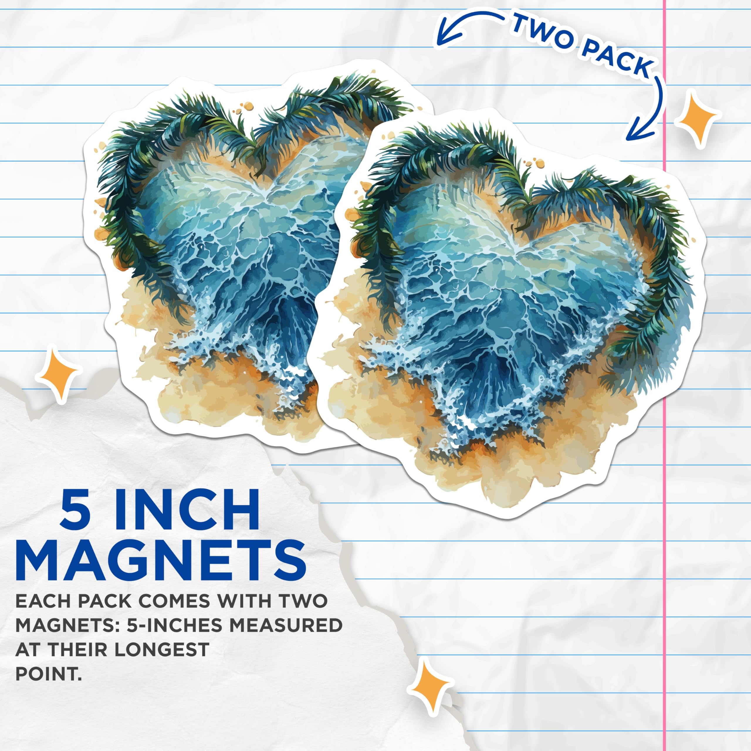 (2 Pack) Watercolor Ocean Heart Wave Magnets - Tropical Palm Beach Coastal Decor - Summer Vacation Aesthetic Fridge Magnets - 5 Inches On Longest Side - Thick Durable Magnet - Made in USA - MAG20153