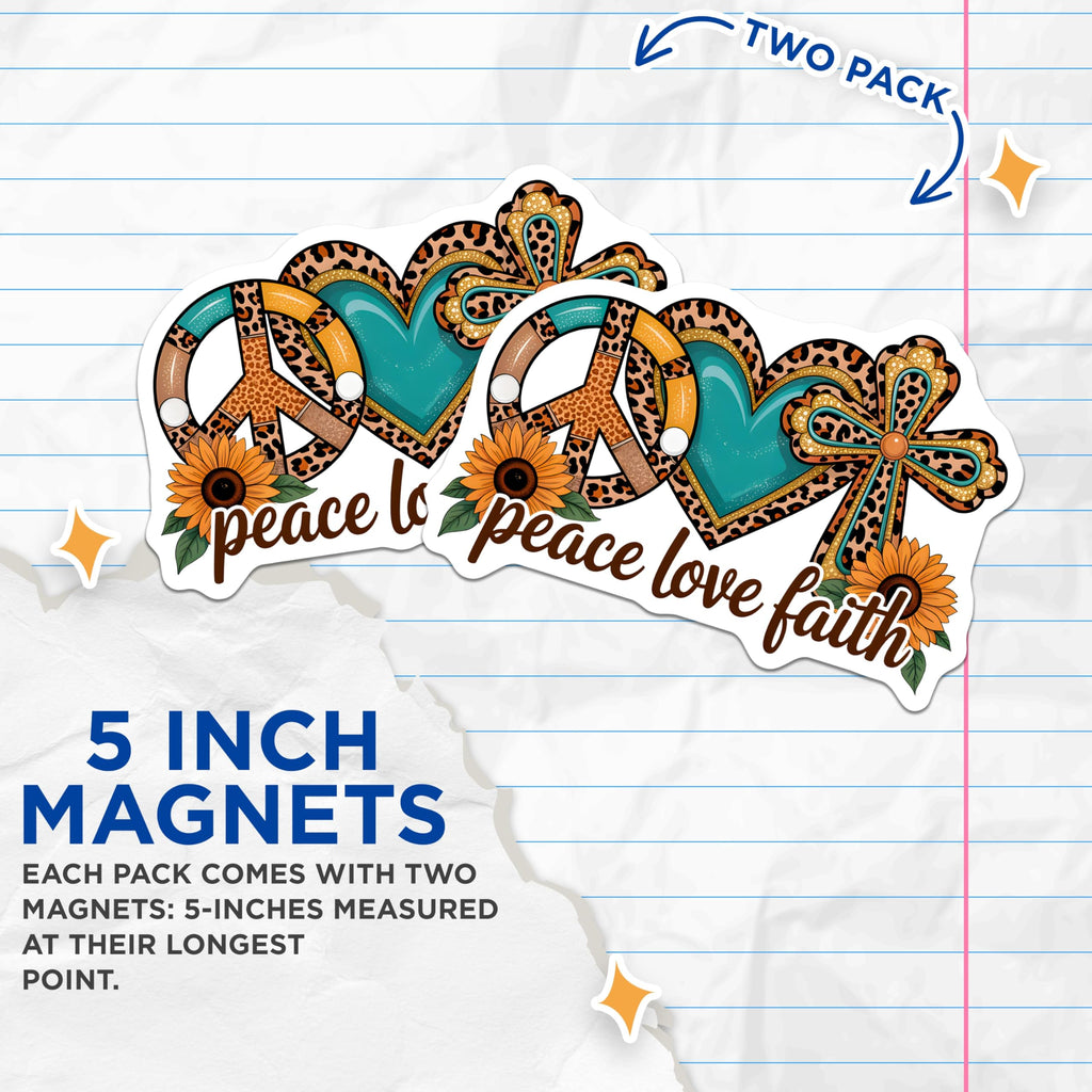 (2 Pack) Peace Love Faith Magnets - Cheetah Print Sunflower Teal Decor - Boho Western Country Spiritual Symbols - 5 Inches On Longest Side - Thick Durable Magnet - Made in USA - MAG19978