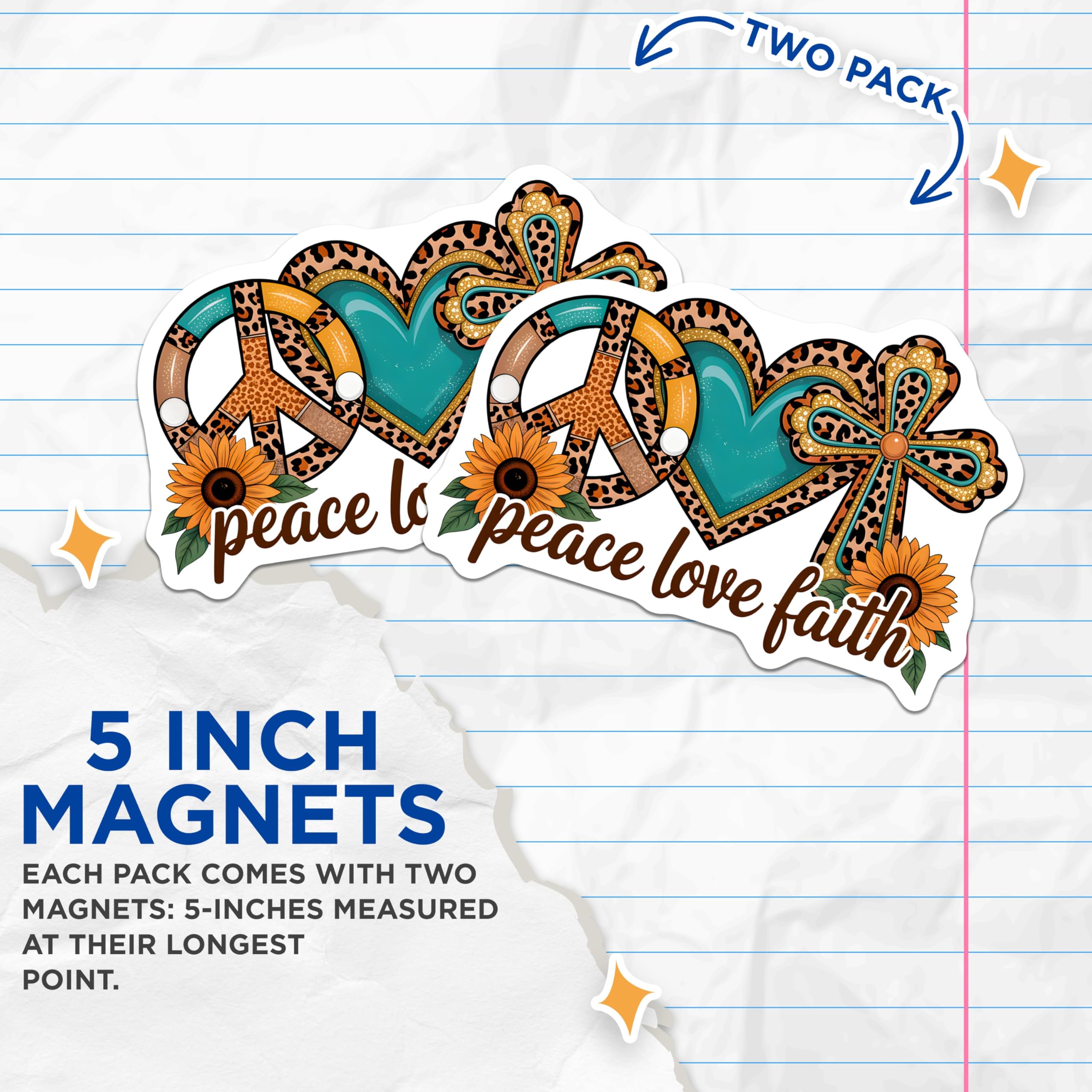 (2 Pack) Peace Love Faith Magnets - Cheetah Print Sunflower Teal Decor - Boho Western Country Spiritual Symbols - 5 Inches On Longest Side - Thick Durable Magnet - Made in USA - MAG19978