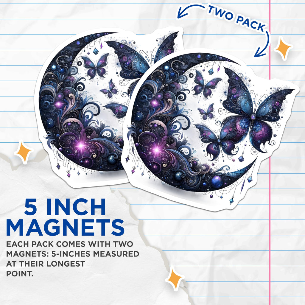 (2 Pack) Butterfly Magnets - Crescent Moon Decor - Celestial Fridge Magnets - 5" On Longest Side - Premium Magnet - for Cars, Refrigerators, Toolboxes, Lockers - Made in USA - MAG14528