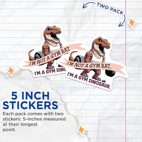 (2 Pack) Funny Dino Gym Stickers - Bodybuilding Dinosaur Sticker - Workout Motivation Decal - 5" On Longest Side - Sticks to Smooth Flat Surfaces - Made in USA - BMCS5959