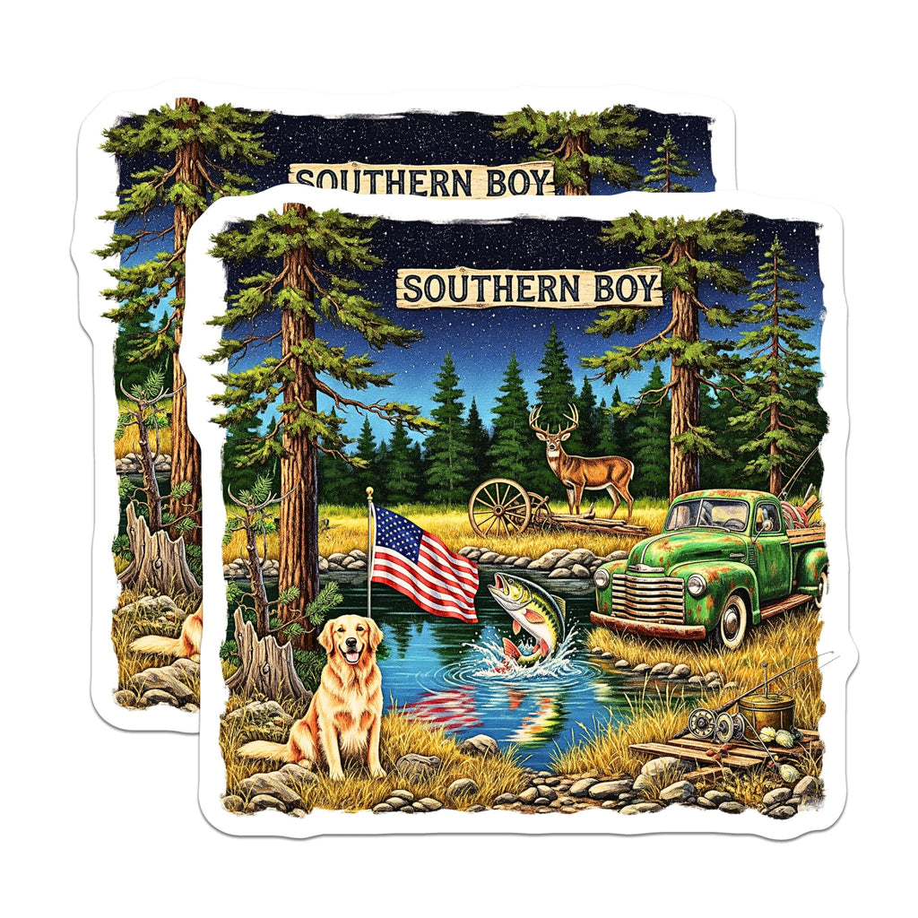 (2 Pack) Southern Boy Magnets - Southern Living Design - American Flag Old Truck Dog Deer Scene - 5 Inches On Longest Side - Thick Durable Magnet - Made in USA - MAG22504