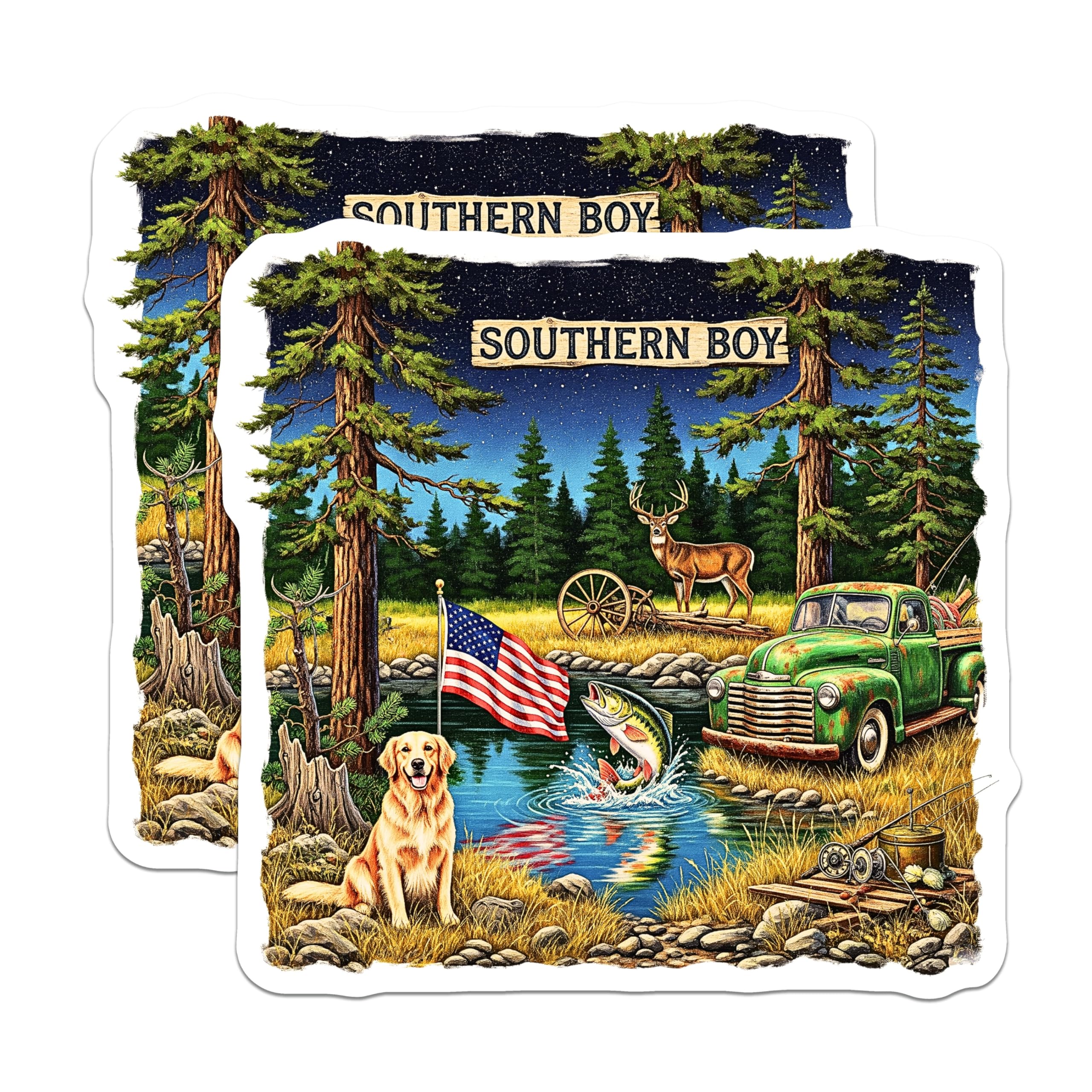 (2 Pack) Southern Boy Magnets - Southern Living Design - American Flag Old Truck Dog Deer Scene - 5 Inches On Longest Side - Thick Durable Magnet - Made in USA - MAG22504