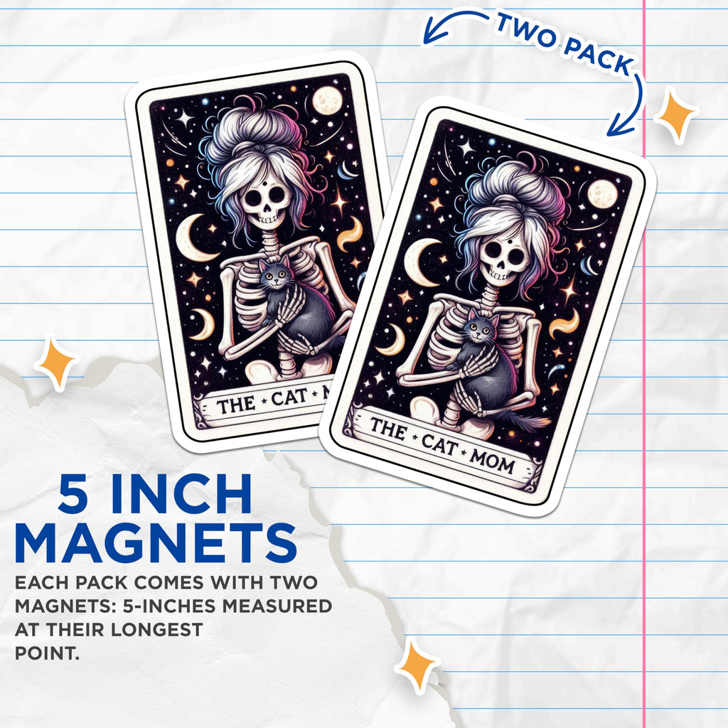 (2 Pack) Gothic Cat Mom Skeleton Magnets - Celestial Black Cat Art Design - Witchy Messy Bun Refrigerator Decor - 5 Inches On Longest Side - Thick Durable Magnet - Made in USA - MAG21062