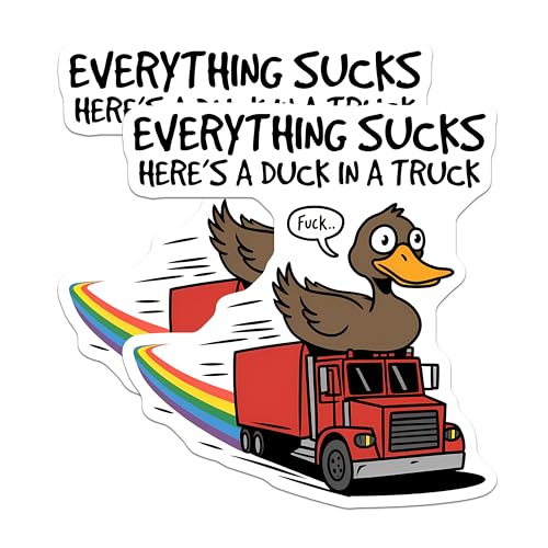 (2 Pack) Funny Duck Stickers - Humor Truck Stickers - Everything Sucks Stickers - 5" On Longest Side - Sticks to Any Smooth Flat Surface - Made in USA - BMCS3300