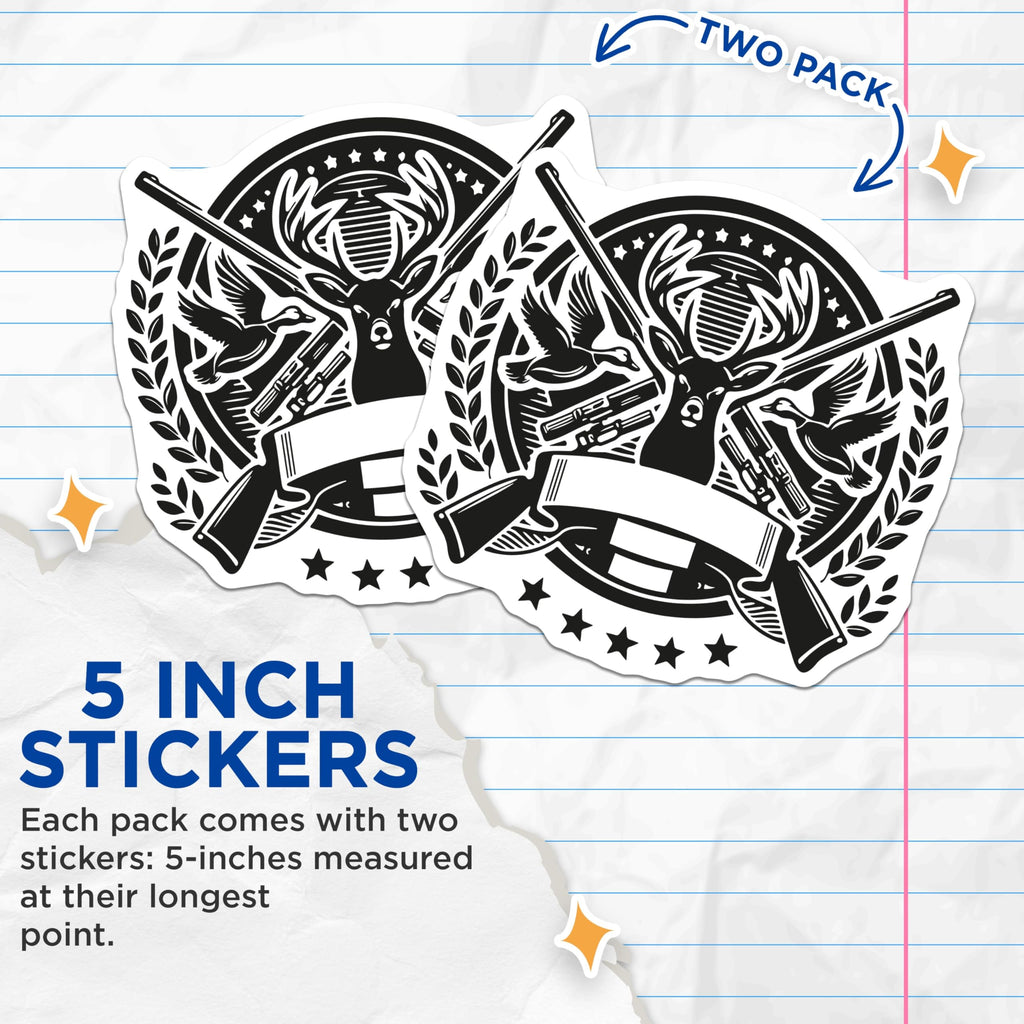 (2 Pack) Hunting Stickers - Deer Hunter Decals - Shotgun Duck Sporting Emblem - 5" On Longest Side - Sticks to Smooth Flat Surfaces - Made in USA - BMCS21299