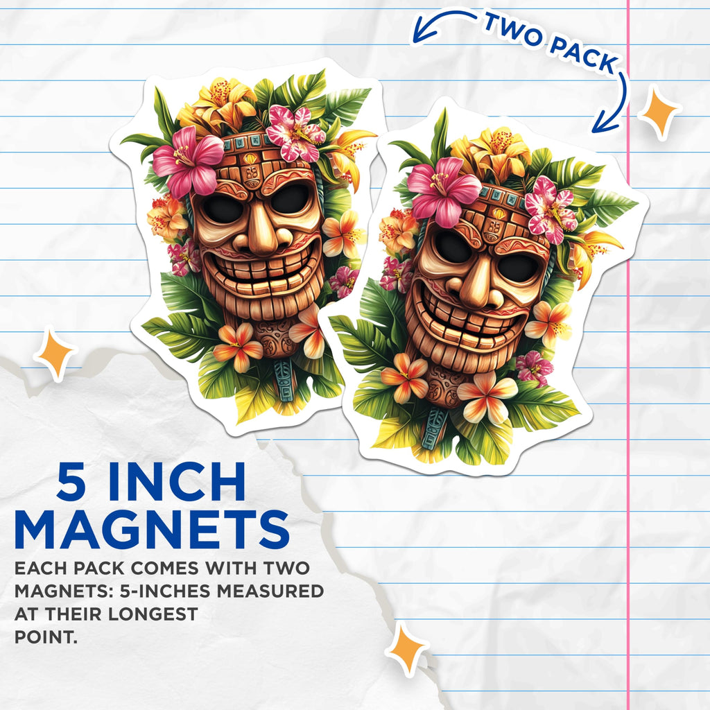 (2 Pack) Tiki Mask Magnets - Tropical Floral Decor - Polynesian Kitchen Refrigerator Magnets - 5 Inches On Longest Side - Thick Durable Magnet - Made in USA - MAG20102
