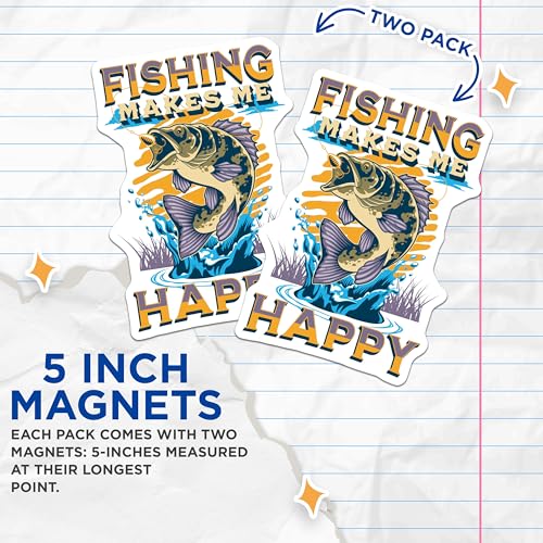 (2 Pack) Fishing Makes Me Happy Magnets - Funny Fishing Magnets - Fisherman Decor Magnets - 5" On Longest Side - for Cars, Refrigerators, Toolboxes, Lockers - Made in USA BMCS3464