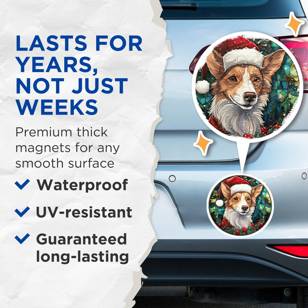 (2 Pack) Christmas Corgi Magnets - Festive Pet Lover Decor - Winter Stained Glass Dog Art - 5 Inches On Longest Side - Thick Durable Magnet - Made in USA - MAG25768