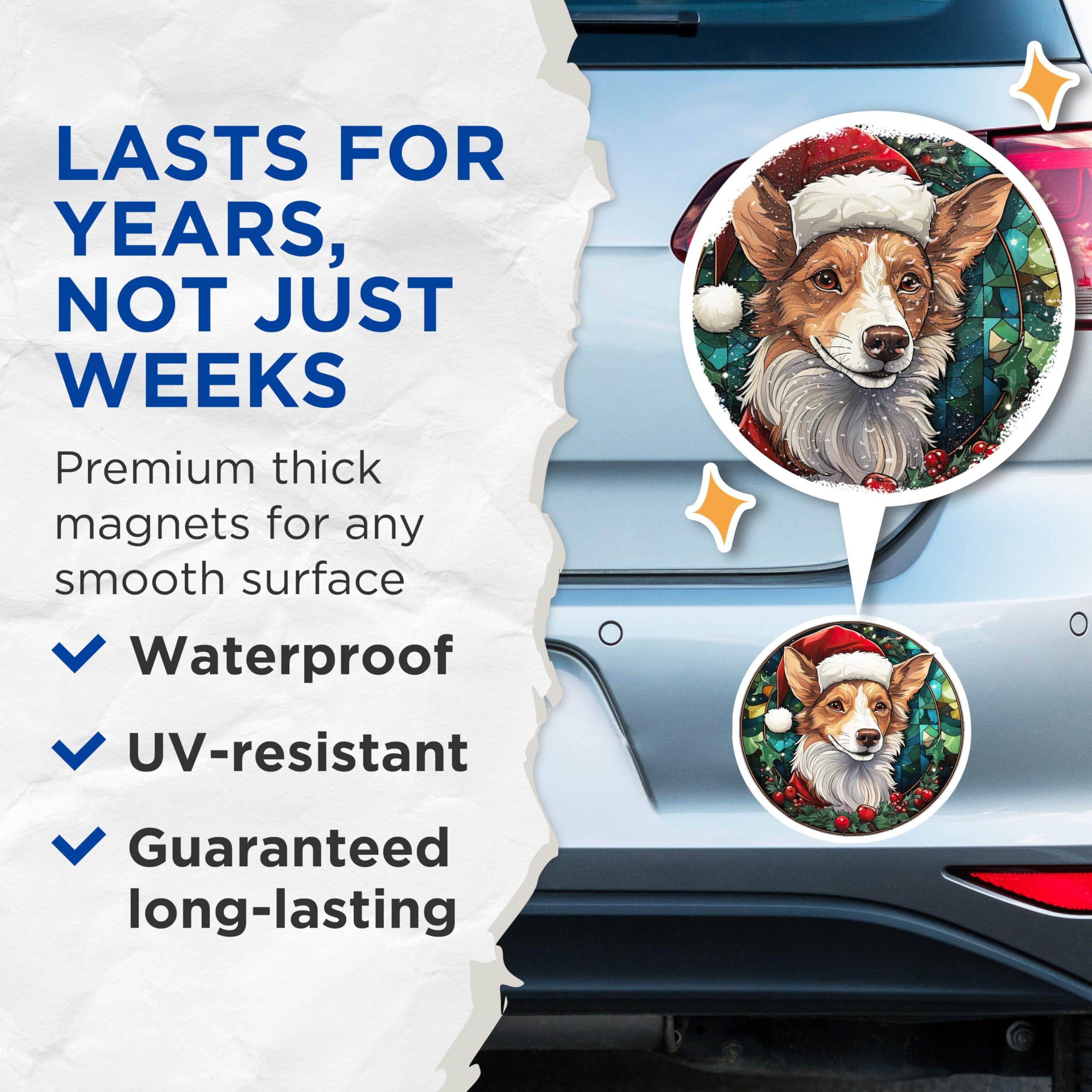 (2 Pack) Christmas Corgi Magnets - Festive Pet Lover Decor - Winter Stained Glass Dog Art - 5 Inches On Longest Side - Thick Durable Magnet - Made in USA - MAG25768