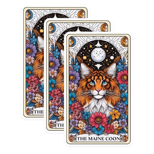 (3 Pack) Maine Coon Decals - Cat Tarot Card Stickers - Floral Cat Laptop Decals - 3 Inches On Longest Side - Easy Peel & Apply - Made in USA - 3MCS0112