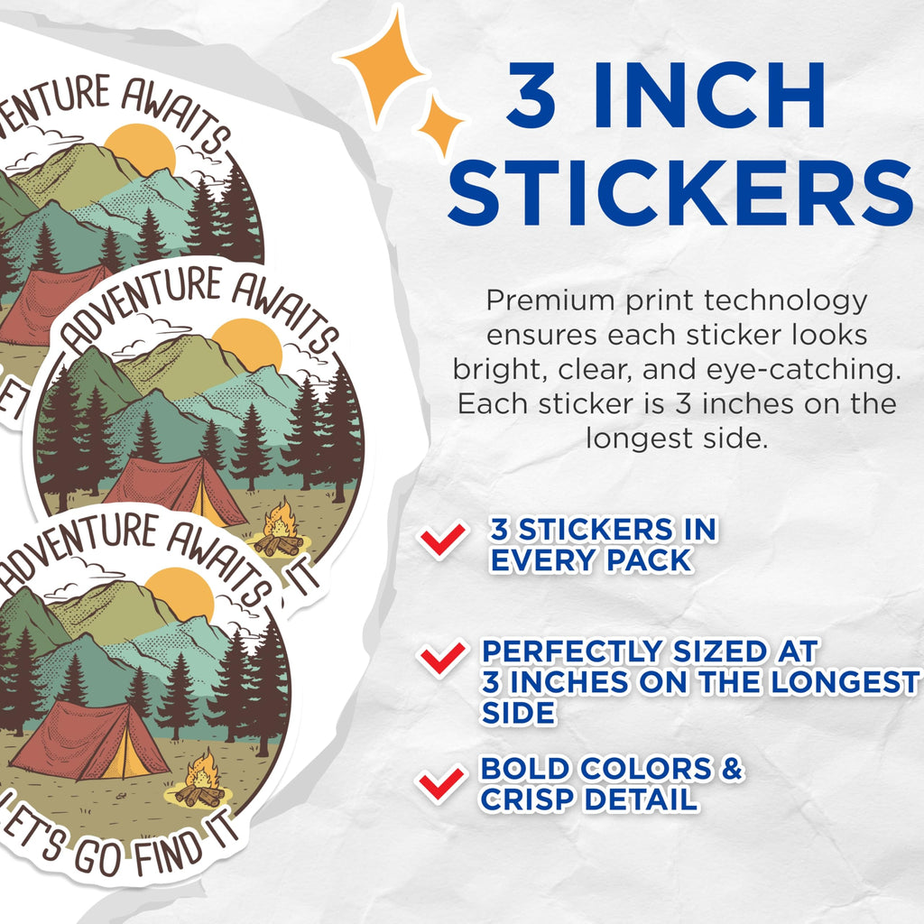 (3 Pack) Adventure Awaits Decals - Camping Laptop Decal - Lets Go Find It Stickers - 3 Inches On Longest Side - Easy Peel & Apply - Made in USA - 3MCS4615