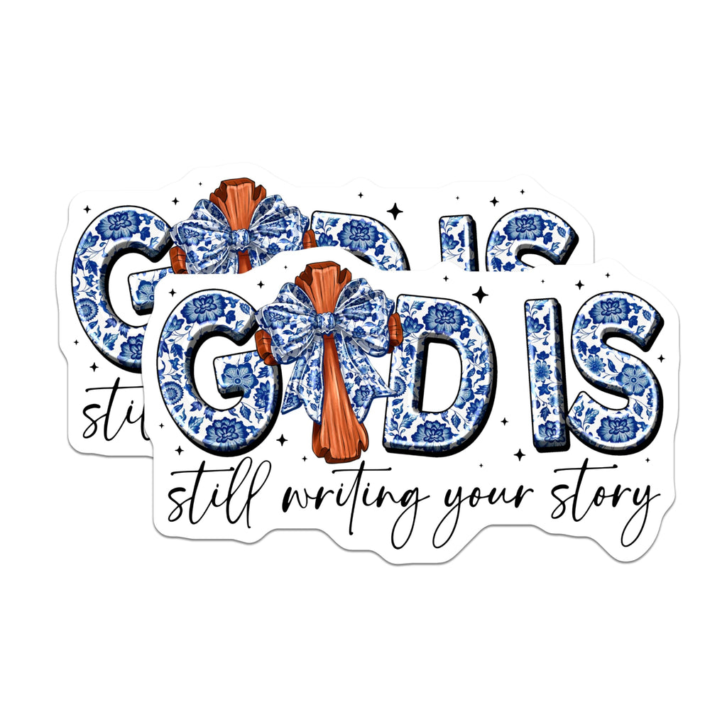 (2 Pack) God is Still Writing Your Story Magnets - Blue Chinoiserie Floral Cross Design - Christian Inspirational Home Decor - 5 Inches On Longest Side - Thick Durable Magnet - Made in USA - MAG24641