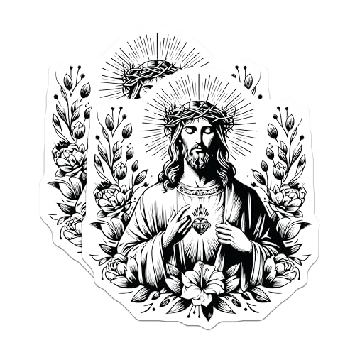 (2 Pack) Sacred Heart of Jesus Stickers - Religious Artwork - Decorative Catholic Stickers - 5" On Longest Side - Sticks to Smooth Flat Surfaces - Made in USA - BMCS7321
